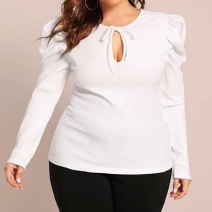 Ribbed Tie Neck Puff Sleeve Top